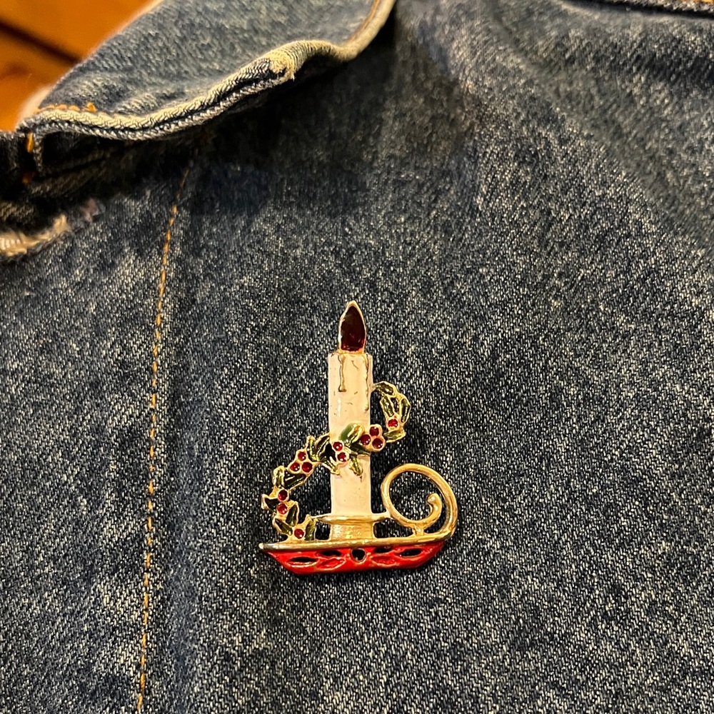 Elegant Silver and Red Candle Brooch